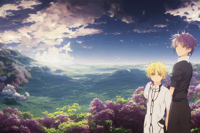 Image similar to a vast scene, panorama distant view, anime art full body portrait character concept art, hyper detailed scene render of a boy and white lion, anime key visual of violet evergarden, finely detailed perfect face delicate features directed gaze, in the white clouds fairyland, trending on pixiv fanbox, violet evergarden, studio ghibli, james jean, extremely high quality artwork