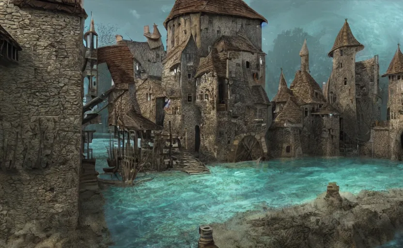 Image similar to underwater medieval village, concept art, render, blender