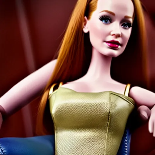 Image similar to amazing beautiful Christina Hendricks barbie doll wearing leather in the living room, film still from the movie directed by Denis Villeneuve , wide lens