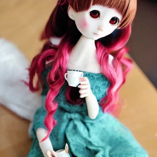 Image similar to delightfully beautiful anime style doll drinking tea