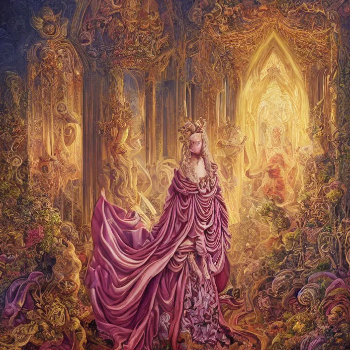 Image similar to beautiful oil painting, full length portrait of dauphinois in baroque coronation robes 1701, Dan Mumford, Dan Mumford, Alex grey, highly detailed , lsd visuals, dmt fractal patterns, hallucinogen, visionary art, psychedelic art, ornate, vaporwave, baroque, Greg rutkowski