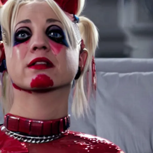 Image similar to A still of Kaley Cuoco as Harley Quinn, full-figure