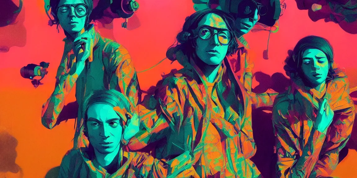 Image similar to duotone trippy 1 9 6 0 s lsd concept illustration of psychedelic hippy musicians. volumetric lighting. golden ratio accidental renaissance. by sachin teng and sergey kolesov and ruan jia and heng z. graffiti art, scifi, fantasy, hyper detailed. octane render. concept art. trending on artstation.