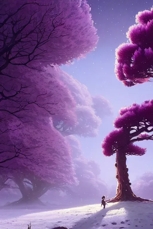 Prompt: giant tree in snow with purple flowers on the moon, unreal engine, fantasy art by greg rutkowski, loish, rhads, ferdinand knab, makoto shinkai and lois van baarle, ilya kuvshinov, rossdraws, tom bagshaw, global illumination, radiant light, detailed and intricate environment