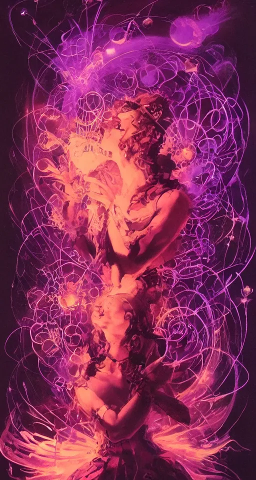Prompt: she dreams of arcs of purple flame intertwined with glowing sparks, glinting particles of ice, dramatic lighting, steampunk, bright neon, secret holographic cyphers, red flowers, solar flares, high contrast, smooth, sharp focus, intricate art by Frank Frazetta