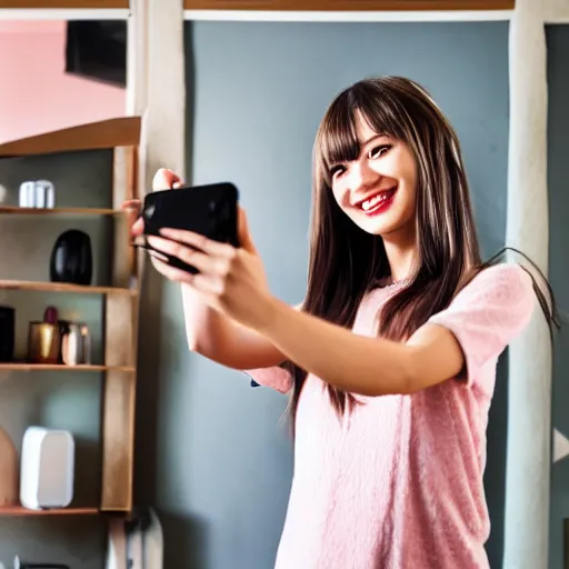 Image similar to studio gibli girl taking a selfie at home