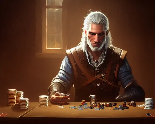 Image similar to 5 5 mm portrait photo of geralt playing poker. magical atmosphere. art by greg rutkowski. highly detailed 8 k. intricate. lifelike. soft light. nikon d 8 5 0.