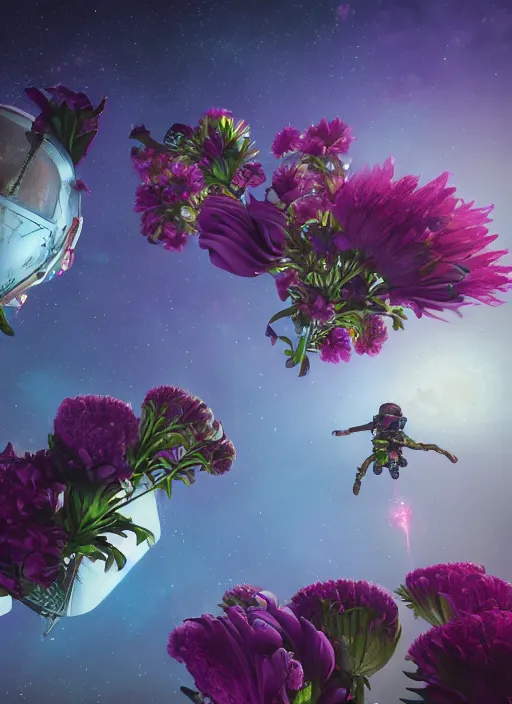 Image similar to An epic fantastic realism comic book style painting of the most beautiful flowers launched into space, bouquets, fisheye lens, unreal 5, DAZ, hyperrealistic, stars in the night sky, octane render, dynamic lighting