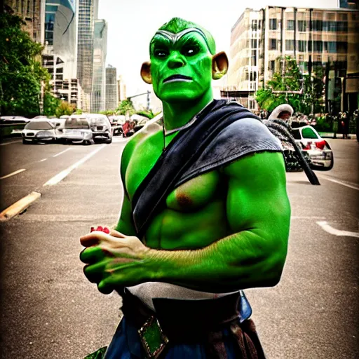 Prompt: a handsome green-skinned half-orc in the city, today's featured fantasy photography