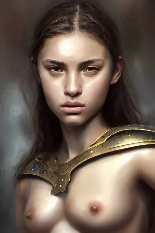 Prompt: a photo-realistically painted portrait of an attractive young girl, partially clothed in chunky battle armor, abstract background, flawless olive skin, fair complexion, long dark hair, beautiful bone structure, perfectly symmetric facial features, perfect photorealistic eyes, natural physique, intricate, elegant, digital painting, concept art, finely detailed, beautifully illustrated, sharp focus, minimal artifacts, volumetric lighting, from Metal Gear, by Ruan Jia and Mandy Jurgens and Artgerm and William-Adolphe Bouguerea, in the style of Greg Rutkowski, trending on Artstation, award winning art