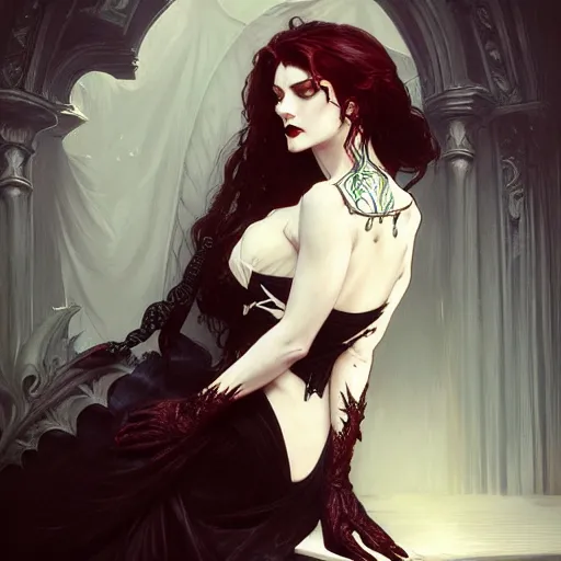 Image similar to elegant victorian vampire, portrait, intricate, elegant, gothic, sensuel, highly detailed, digital painting, artstation, concept art, rough, sharp focus, illustration, art by joe madureire and artgerm and greg rutkowski and alphonse mucha