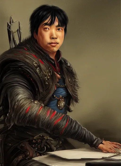 Image similar to asian with medium black hair man sitting at his desk look down at me, low angle, camera low, dndbeyond, bright, colourful, realistic, dnd character portrait, full body, pathfinder, pinterest, art by ralph horsley, dnd, rpg, lotr game design fanart by concept art, behance hd, artstation, deviantart, hdr render in unreal engine 5