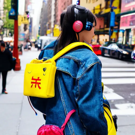 Prompt: cute Chinese girl with headphones and a yellow backpack in NYC