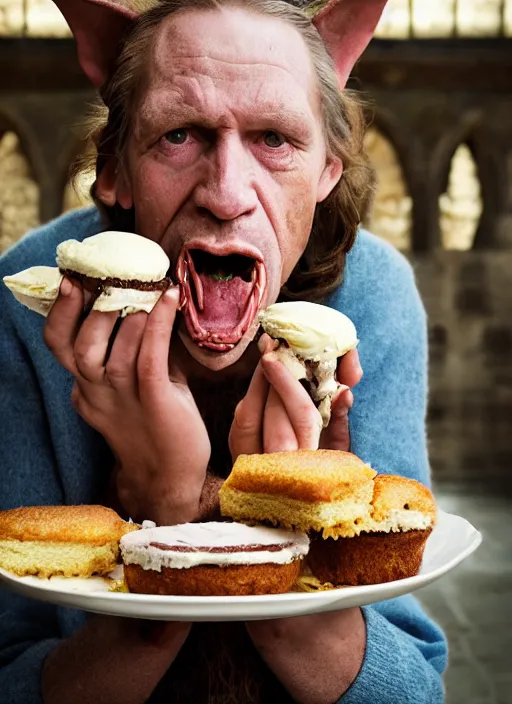 Image similar to closeup portrait of a medieval goblin eating cakes in the cloisters, depth of field, zeiss lens, detailed, symmetrical, centered, fashion photoshoot, by Annie Leibovitz and Steve McCurry, David Lazar, Jimmy Nelsson, Breathtaking, 8k resolution, extremely detailed, beautiful, establishing shot, artistic, hyperrealistic, beautiful face, octane render