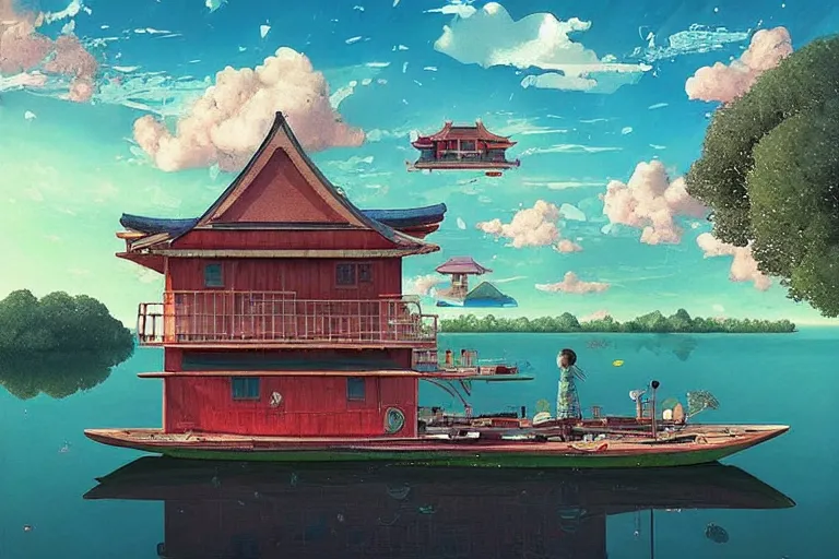 Image similar to surreal tokyo suburb, floating house in the sky, summer morning, very coherent and colorful high contrast, art by!!!! gediminas pranckevicius!!!!, geof darrow, dark shadows, hard lighting