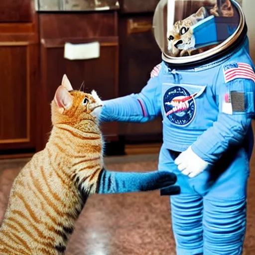 Image similar to cat astronaut shakes the hands with trump