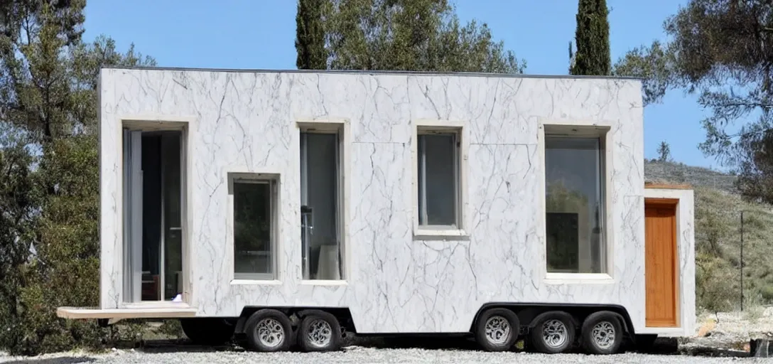 Image similar to greek tiny house on trailer made of marble designed by iktinos and callicrates.