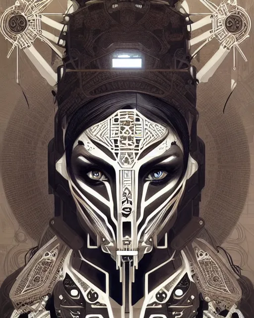 Image similar to symmetry!! portrait of a machine!!!!!! from horizon zero dawn, machine face, decorated with pharoanic motifs, intricate, elegant, highly detailed, digital painting, artstation, concept art, smooth, sharp focus, illustration, art by artgerm and greg rutkowski and alphonse mucha, 8 k