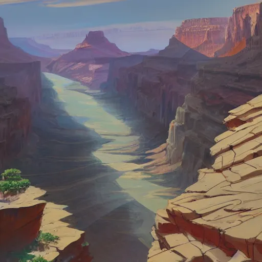 Image similar to concept art painting of a wide grand canyon with ocean inside, giant river, with unfinished bridge under construction, realistic, detailed, cel shaded, in the style of makoto shinkai and greg rutkowski and james gurney