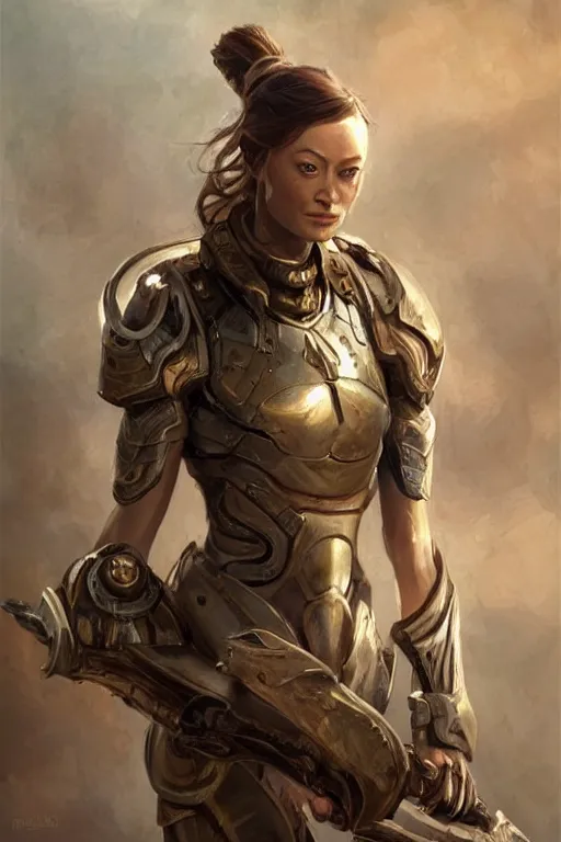 Image similar to a professional painting of a young Olivia Wilde, clothes in military armor, olive skin, long dark hair, beautiful bone structure, symmetrical facial features, intricate, elegant, digital painting, concept art, smooth, sharp focus, illustration, from StarCraft by Ruan Jia and Mandy Jurgens and Artgerm and William-Adolphe Bouguerea