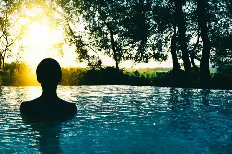 Image similar to a beautiful woman bathing in a serene forest pool, silhouetted against the setting sun