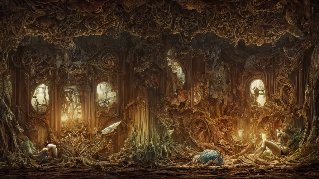 Image similar to inside of angel anatomy sitting on an ornate victorian couch made out of decomposing animals, intricate, detailed, volumetric lighting, sharp focus, photorealism, digital painting, highly detailed, concept art, by roger dean and simon stalenhag and mark brooks