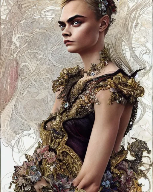 Image similar to cara delevingne wearing epic haute couture by Alexander McQueen, extremely beautiful face, masterpiece, intricate, elegant, highly detailed, digital painting, artstation, concept art, smooth, sharp focus, illustration, art by artgerm and james jean and greg rutkowski and alphonse mucha