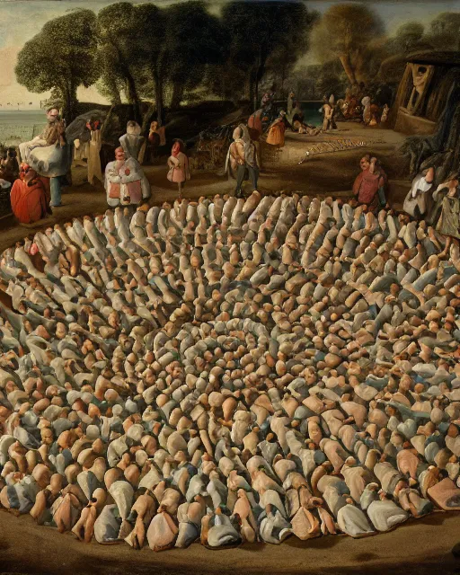 Image similar to the gigantic clothed body of gulliver, a young man from the early 1 7 th century, lies unconscious on a lilliputian beach, surrounded by thousands of tiny lilliputians wearing strange clothes. gulliver is dressed in early 1 7 th century male clothing designed in the style of sandy powell. hyperreal and cinematic, photorealistic, gulliver ’ s travels