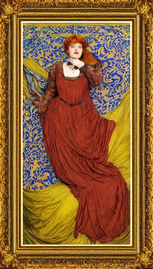 Image similar to preraphaelite full body portrait photography masterpiece hybrid of judy garland and florence welch, reclining, william holman hunt, ford madox brown, brown hair fringe, yellow ochre ornate medieval dress, william morris, framed 4 k