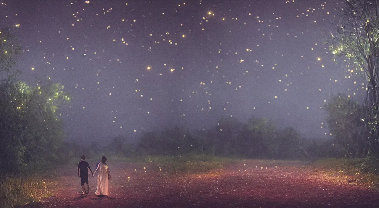 Image similar to a couple walking in the middle of fireflies the color of the moon, cinematic lighting, wow, establishing shot