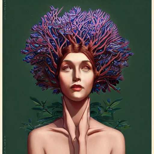 Prompt: A women with a tree growing out of the top of the head art deco design by Mandy Jurgens and Warhol Ernst Haeckel James Jean artstation concept art