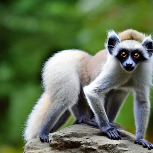 Image similar to monkey - cat - dog - fox hybrid in lemur pose, fluffy white fur, very long tail