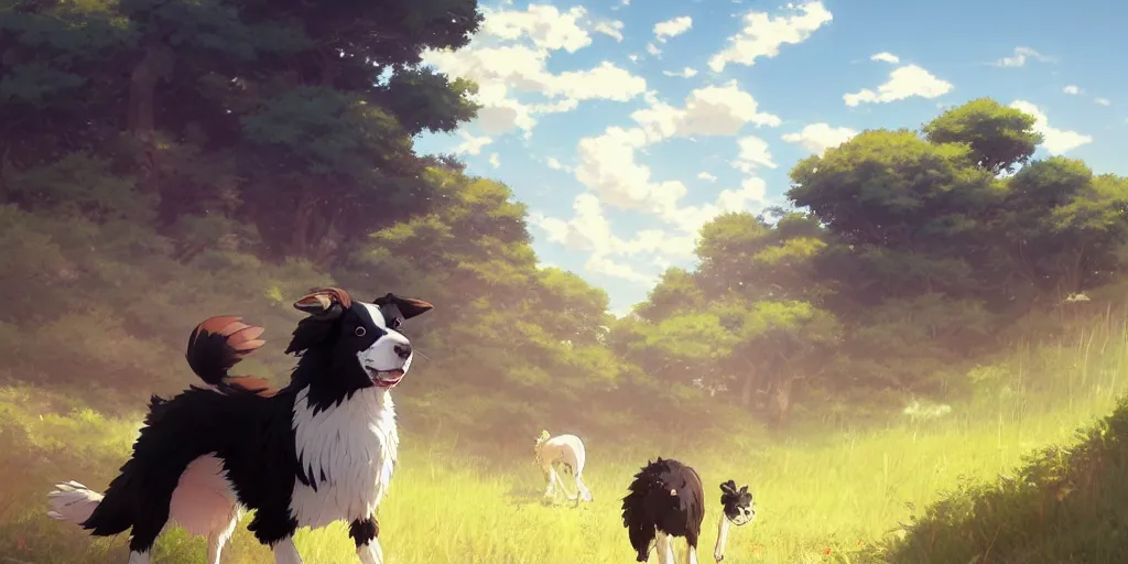 Image similar to border collie chasing sheep on feld nime key visual of luffy studio lit directed gaze, trending on pixiv fanbox, painted by greg rutkowski makoto shinkai takashi takeuchi studio ghibli