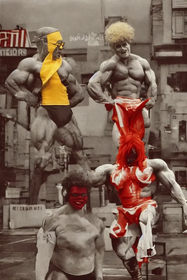Prompt: Ronald McDonald as a bodybuilder in front of McDonald\'s, photo by Anne Liebovitz