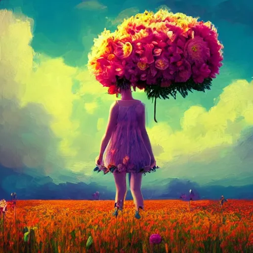 Image similar to large flower head, girl floating in a flower field, surreal photography, sunrise dramatic light, impressionist painting, colorful clouds, digital painting, artstation, simon stalenhag