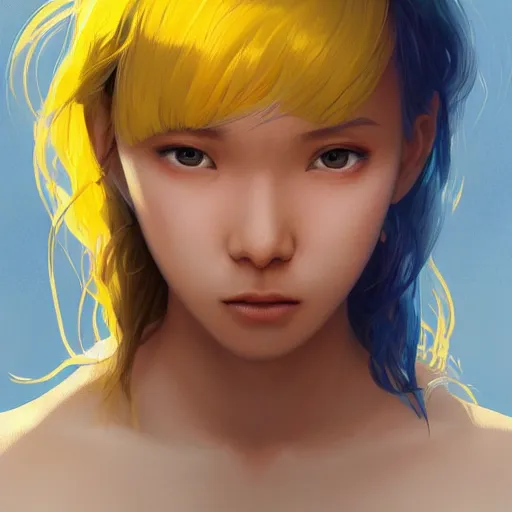 Prompt: filipino girl with blue - yellow hair and a nose band aid, highly detailed, digital painting, artstation, concept art, smooth, sharp focus, illustration, art by artgerm and greg rutkowski and alphonse mucha