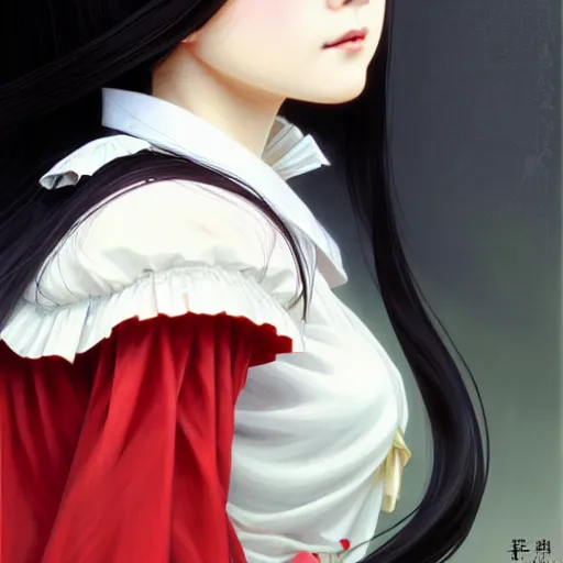 Prompt: Kotegawa Yui, Portrait of a girl with long black hair wearing a partial school uniform with a red skirt and white top, face, fantasy, intricate, elegant, highly detailed, digital painting, artstation, concept art, smooth, sharp focus, illustration, art by Fernanda Suarez and Artem Demura and alphonse mucha