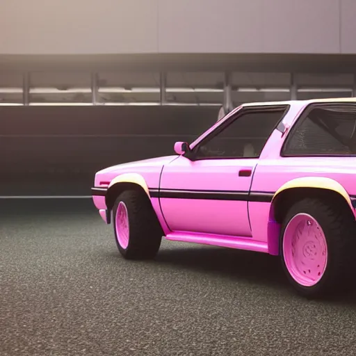 Image similar to pink toyota hachiroku ae 8 6, real photo, posed, full body, instagram photo, zbrush sculpt, octane render, houdini, vfx, cinematic atmosphere, 8 k, unreal engine 5, ultra detailed, photorealistic, ultra realistic