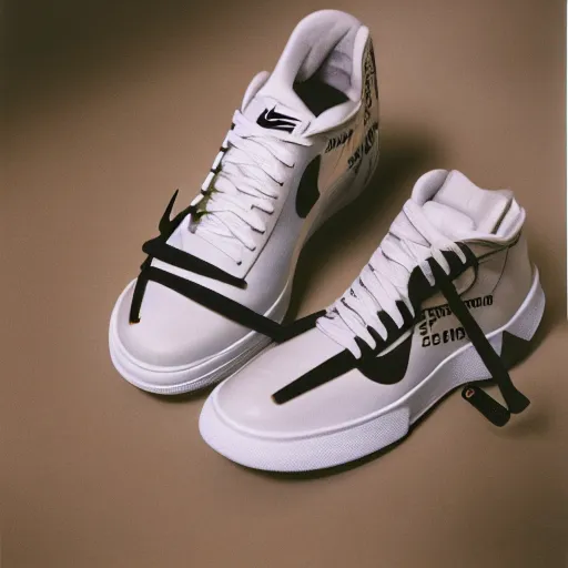 Image similar to a studio photoshoot of a nike sneaker x travis scotts collab by virgil abloh, off - white, realistic, color film photography by tyler mitchell, 3 5 mm, graflex