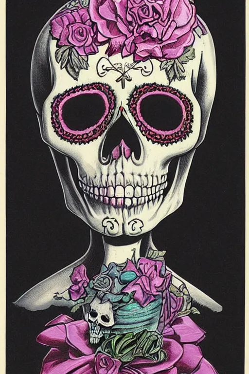 Image similar to Illustration of a suger skull day of the dead girl, art by ron walotsky