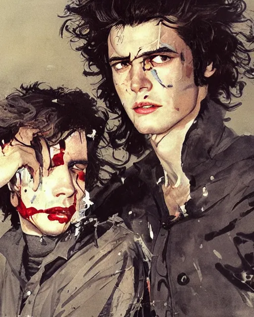 Image similar to two handsome but sinister young men in layers of fear, with haunted eyes and wild hair, 1 9 7 0 s, seventies, wallpaper, a little blood, moonlight showing injuries, delicate embellishments, painterly, offset printing technique, by coby whitmore