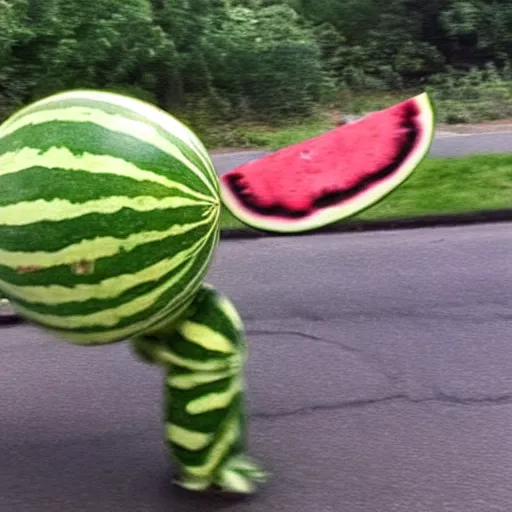 Image similar to watermelon creature made of water melons running away from the police, watermelon, watermelon, police body cam footage, blurry footage