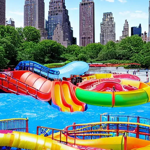 Image similar to photo of a large water park with numerous slides and water rides inside of central park. the new york city skyline is shown in the background.