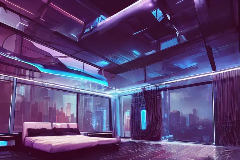 Image similar to a futuristic bedroom with large curved ceiling high windows looking out to a far future cyberpunk cityscape, cyberpunk neon lights, raining, scifi