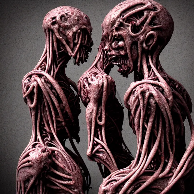 Image similar to dark biomechanical ribbed religious sculpture statue of two cyborgs in love made of rotten flesh meat, suffering, pastel colorful mold, baroque painting, beautiful detailed intricate insanely detailed octane render, organic 8K artistic photography, photorealistic, chiaroscuro, Raphael, Caravaggio, Giger, Beksinski, black background