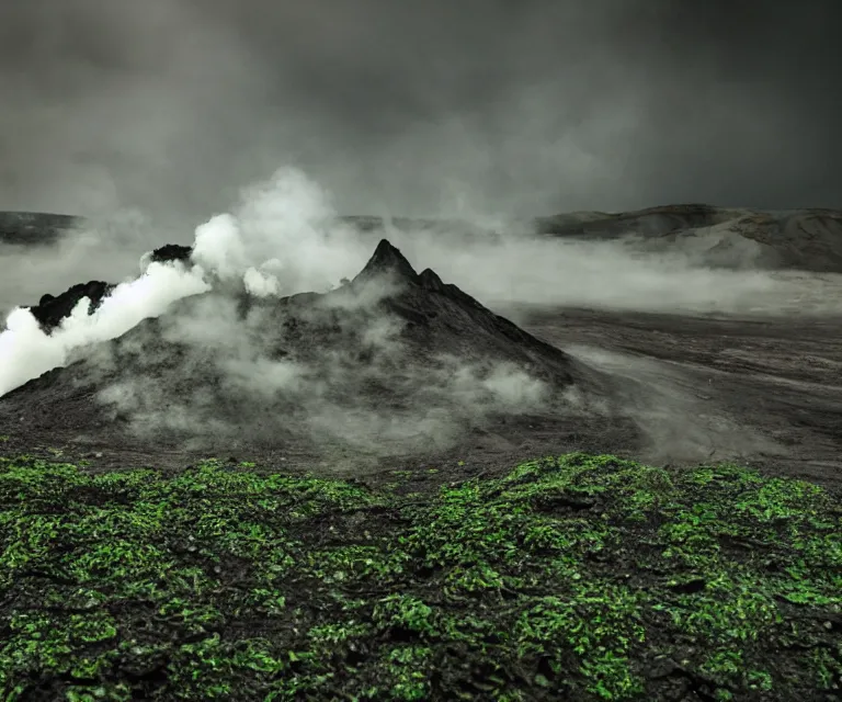 Image similar to a metallic volcano, post - apocalyptic world, green lava, steam, fog, grey skies