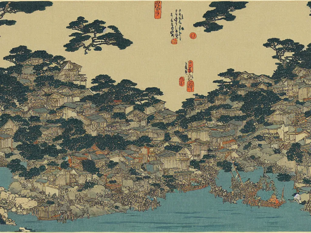 Prompt: traditional painting of an ancient fishing village by hokusai