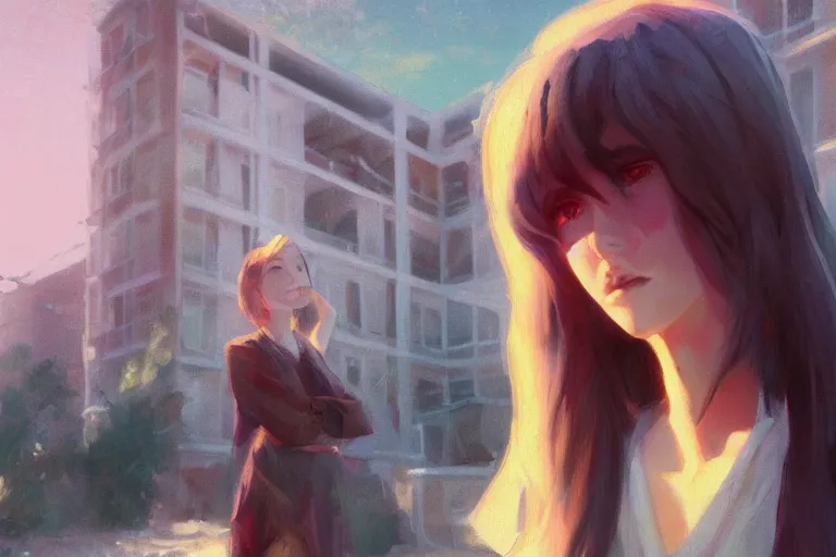 Prompt: digital art of a beautiful girl wearing a shirt standing in front of a ruined apartment complex, arctic composition, sunlit, expressive oil painting, by artgerm, by jeremy lipking, anime style, octane render, bright colors, face!!!! close - up