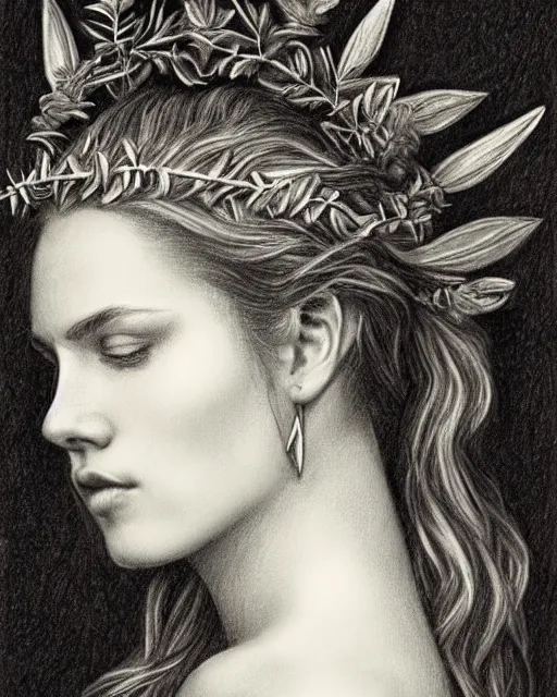 Image similar to pencil drawing of a beautiful greek goddess aphrodite wearing a laurel wreath and arrowhead earrings, beautiful confident and piercing eyes, beautiful flowing hair, hyper realistic face, in the style of greg rutkowski, fantasy, amazing detail, epic, elegant, smooth, sharp focus, from the front