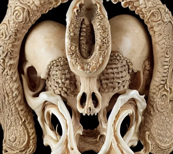 Image similar to an intricately detailed carving in an human - octopus skull, rococo ornate bone and ivory sculpted skull with teeth and tentacles, horror, artifact, micro detailed, inscribed with occult symbols, otherworldly